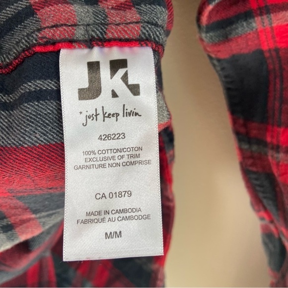 Just Keep Livin' Plaid Flannel Button Down Long Sleeve Shirt Cotton Red Medium - Picture 4 of 7